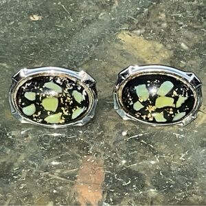 Mid Century Gold Flake Anson Cufflinks Oval Silver Tone Black Green Stone